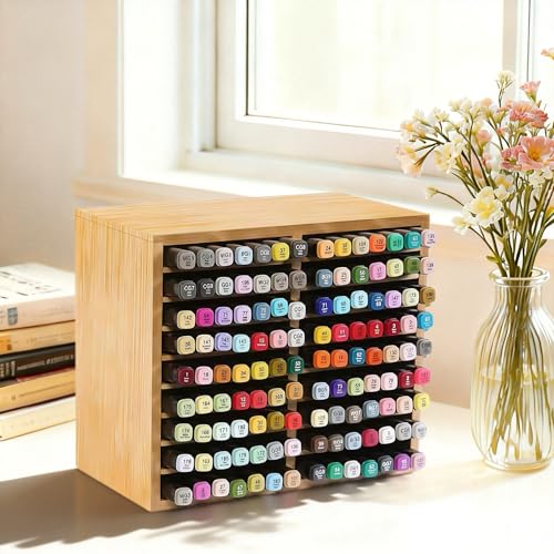 Bamboo Marker Holder Organizer, 126 Pens Capacity, 18 Compartments, Art Supply Storage for Alcohol Markers, Pens, Pencils