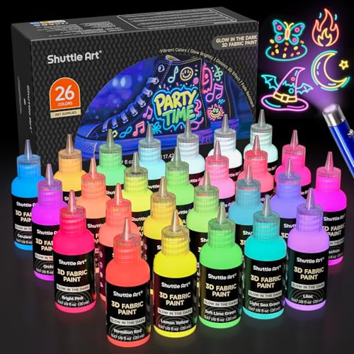 Shuttle Art Glow in the Dark Paint, 26 Colors 3D Fabric Paint with 1 Mini UV Light 3 Brushes, Great for T-Shirts, Shoes, Jeans, Bags, DIY Projects, Pumpkins, and Halloween Decorations