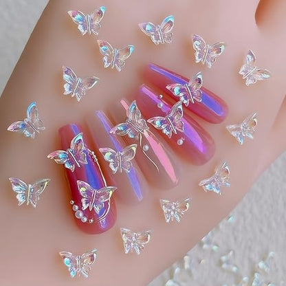 300Pcs Butterfly Nails Charms 3D Resin Elegant Butterfly Nail Rhinestones 3D Resin Aurora Butterflies Nail Gems and Charms Kawaii Nail Diamonds Butterfly Nails Jewels for Women Acrylic Nail Supplies - color: white