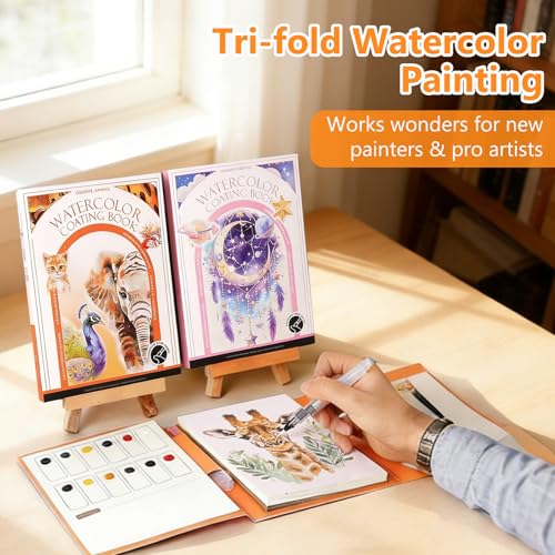 2-Pack Watercolor Painting Books for Adults & Beginners - All-in-One Creative Stress Relief Art Kit with 3-Fold Pad, 32 Pre-Printed Pages, 24 Colors & 2 Brushes (Animal + Starry Fairyland) - color: Animal + Starry Fairyland