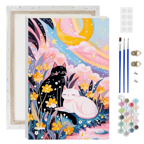 Lxmsja Fantasy Cats Paint by Numbers Kit for Adults, Rainbow Clouds Acrylic Paint by Numbers for Adults Beginner, DIY Craft Supplies Oil Painting Kits for Home Wall Decor 8x12 inch (Framed) - color: pink#102