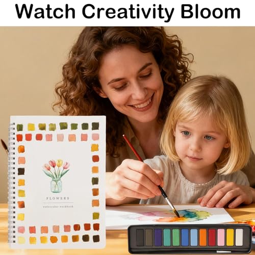 Adult Beginner Art Kit with Coloring Workbook, 12 Color Pigment Paint, Paintbrushes & Brush Washer for Teens Painting