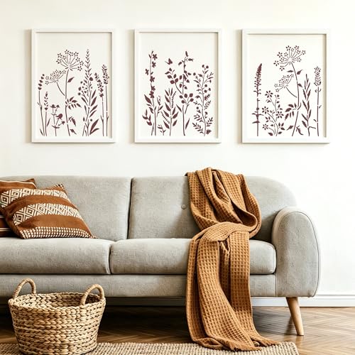 6 Pack 14'' Wildflower Wall Stencil, Reusable Flowers Stencils for Painting Large Pattern on Walls, Wood, Fabric, Furniture, Modular Floral Botanical Stencil Kit