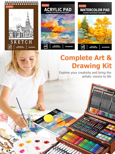 Soucolor Art Supplies, 192-Pack Deluxe Art Set Drawing Painting Supplies Kit with Acrylic Pad, Watercolor Pad, Sketch Book, Canvases, Acrylic Paint, Crayons, Pencils, Gifts for Artist Adults Teen Kids - color: Brown