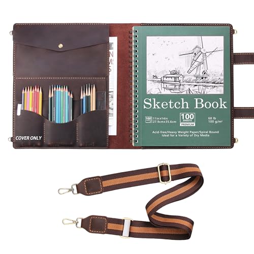 Robrasim Handmade Leather Sketchbook Cover, Artist Sketch Pad Holder for 11"X14" Sketchbook, Drawing Book and Pencil Case, Journal Notebook Portfolio with Shoulder Strap, Artist Gifts, Coffee - color: Coffee, size: 11" x 14"