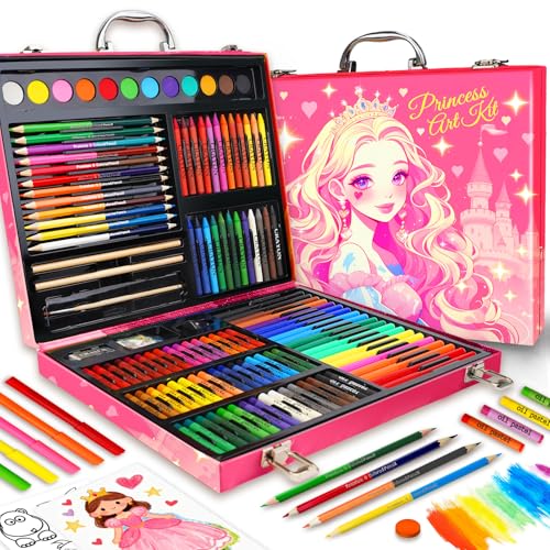 Okiki Princess Art Supplies Kit for Girls Ages 5-12, 184-Pack Art Case Coloring Set, Drawing Kits with Gifts Box, Arts Set for Kids, Crayons, Pastels, Double-ended Colored Pencils, Coloring Book - color: Princess Pink