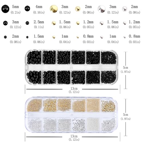 Nail Art Pearls with Rhinestones Glue Gel Flatback Pearls Nail Charms Luxurious Nails Supplies Accessories Gold Silver Gems Jewelry Pearl for Women Nails Design(Black) - color: Colorful-04