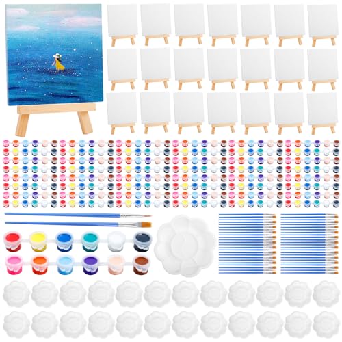24 Set Canvas and Easel for Painting, 24Pcs 6x6In Canvas Boards and Easel, 24Pcs 12 Colors Acrylic Paint Strips,48 Brushes,24 Palettes, Washable Acrylic Set for Crafts Painting Party Favors