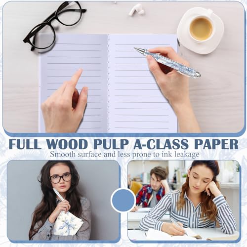 Motiskyy 24 Pcs Hydrangea Blue and White Floral Journal Pens Pastel Floral Patterns Ballpoint Pens Grandmillennial Aesthetic Notepads Set Line Notebook for Employee Gift Student School Office Supplies - style: Blue and White Floral