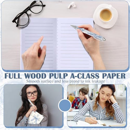 Motiskyy 24 Pcs Hydrangea Blue and White Floral Journal Pens Pastel Floral Patterns Ballpoint Pens Grandmillennial Aesthetic Notepads Set Line Notebook for Employee Gift Student School Office Supplies - style: Blue and White Floral