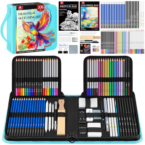 106 PCS Art Supplies Sketching Kit, Pro Drawing Pencils with 3-Color Sketchbook, Coloring Book, Colored Graphite Charcoal Watercolor & Metallic Pencils, Drawing Supplies Gifts for Artists Adults - color: Green, size: 106 Pack