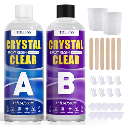 TQELFSS Epoxy Resin Kit 34 OZ, Crystal Clear Epoxy Resin Epoxy (17 OZ ×2), Fast Curing, Bubble Free, Self Leveling, No Yellowing Casting for Jewelry Making, Flower Preservation, Wood, Countertops - size: 34oz