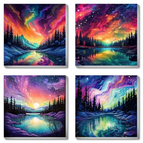 FQOVKYN 4 Pack Landscape Paint by Number for Adults Framed Canvas, DIY Aurora Arts and Crafts for Adults Beginner with Paint Brushes, Acrylic Paint Set for Home Wall Decor, 8 * 8 Inch - color: BKH575-576-577-578-US