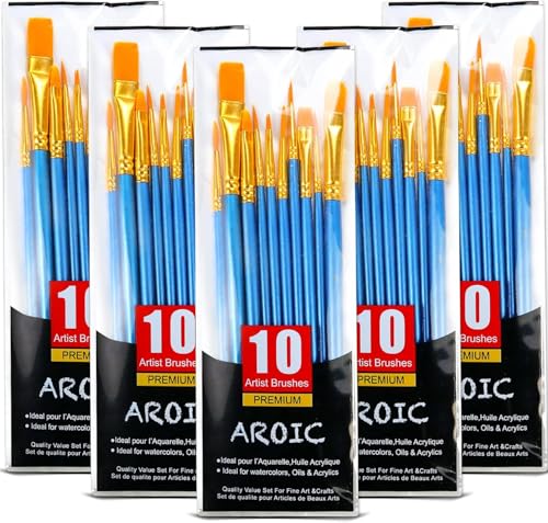 Acrylic Paint Brush Set, 5 Packs / 50 pcs Nylon Hair Brushes for All Purpose Oil Watercolor Painting Artist Professional Kits - size: 50pcs
