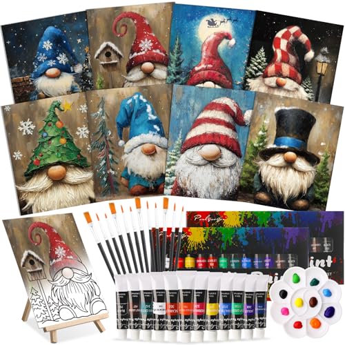 Cholemy 36 Pcs Paint and Sip Kit for Adults 8''x10'' Pre Drawn Canvas for Painting DIY Afro Acrylic Painting Kit Wood Easel Brushes Date Night Bulk for Summer 4th of July Party Gift(Christmas Gnomes) - style: Christmas Gnomes