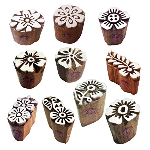 Textile Wood Blocks Retro Small Round Floral Shape Printing Stamps (Set of 10) - color: Htag2128