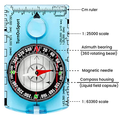 TurnOnSport Orienteering Compass - Advanced Scout Compass for Hiking, Camping, and Backpacking - Best Survival Gifts for Kids
