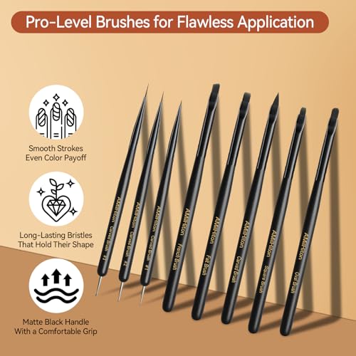 8PCS Nail Art Brush Set for Gel & Acrylic – French Tip, Flat, Oval & Carved Liner Brushes with Dotting Tools, Professional Builder Poly Gel Nail Design Kit - color: Black Wod 8PCS