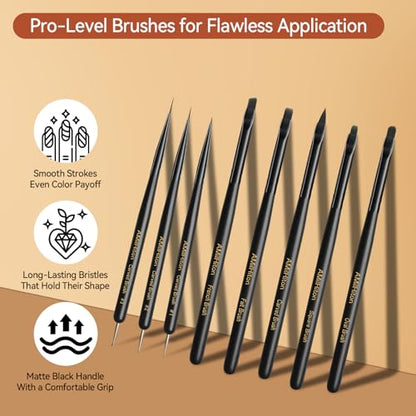 8PCS Nail Art Brush Set for Gel & Acrylic – French Tip, Flat, Oval & Carved Liner Brushes with Dotting Tools, Professional Builder Poly Gel Nail Design Kit - color: Black Wod 8PCS