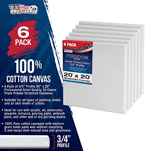U.S. Art Supply 20 x 20 inch Stretched Canvas 12-Ounce Triple Primed, 6-Pack - Professional Artist Quality White Blank 3/4" Profile, 100% Cotton, Heavy-Weight Gesso - Acrylic Pouring, Oil Painting - size: 20" x 20"