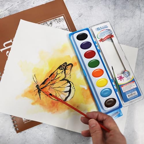 BAZIC PRODUCTS 8-Color Semi-Moist Watercolor Set with Brush | brush in a storage case for kids and school art