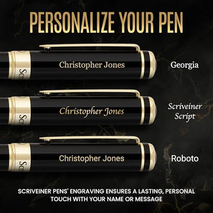 Scriveiner Personalized Black Ballpoint Pen - Stunning Luxury Pen, Jet Black Lacquer, Real Gold Plating, Schmidt Ink Refill, Best Engraved Ball Point Gift Set for Men & Women, Custom Name Engraving - color: 9. Black with Gold (Personalized)