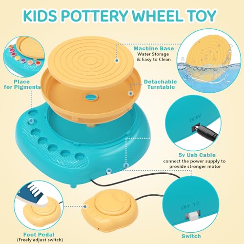 Cmiolacuna Pottery Wheel for Kids, Complete Kit with Air-Dry Clay，Ages 8-12 | Beginner pottery kit with air-dry clay, 12 paints, clay tools and apron - no kiln needed, screen-free craft gift ages 8-12 - color: Blue