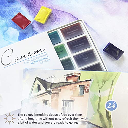 Sonnet Student Grade Watercolor Paint Set 24 Full Pans 2.5ml Vibrant Colors for Artists and Beginners in Cardboard Box by Nevskaya Palitra
