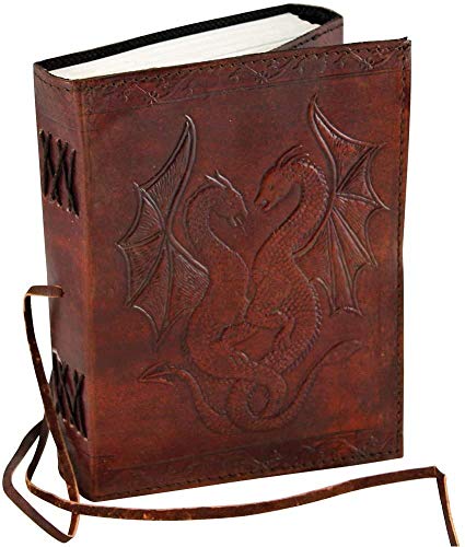 AzureGreen DOUBLE DRAGON Blank Page BOOK Handcrafted Leather Writing Unlined 5 x 7 JOURNAL (MEDIUM, Large Brown 8"x6") - color: Large Brown