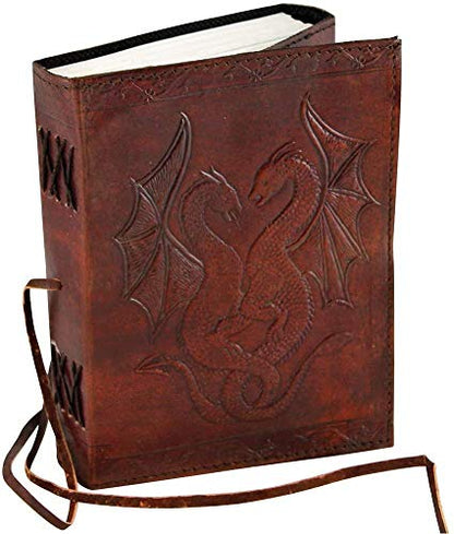 AzureGreen DOUBLE DRAGON Blank Page BOOK Handcrafted Leather Writing Unlined 5 x 7 JOURNAL (MEDIUM, Large Brown 8"x6") - color: Large Brown
