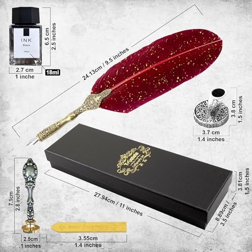 Quill Pen and Ink Set with Wax Seal Stamp - Red Feather Calligraphy Set for Beginners, Antique Dip Pen with 18 Nibs & Stand, Gift Boxed - color: RedFeather