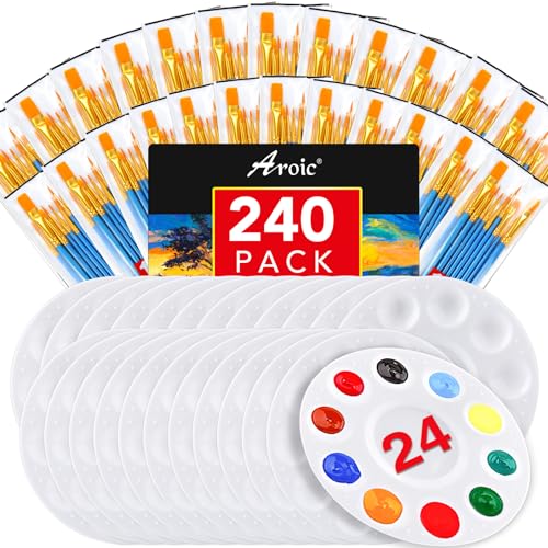 AROIC Paint Brushes Palette Set,24 Pack/240Pcs Acrylic Paint Brushes and 24 Palettes, Professional Artist Brushes, Finger and Face Painting Oil Painting Watercolor Kid's and Adult Painting Art Set. - size: 240 Brushes 24 Palettes