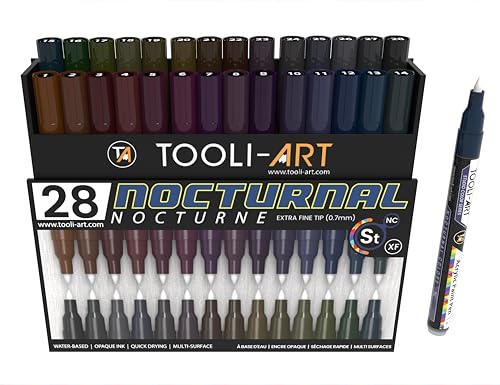 28 Dark Nocturnal Colors Acrylic Paint Pens Studio Color Series Markers Set 0.7mm Extra Fine Tip, Rock Painting, Glass, Mugs, Wood, Metal, Canvas, DIY, Detailing. Non Toxic, Waterbased, Quick Drying - color: Dark Nocturnal