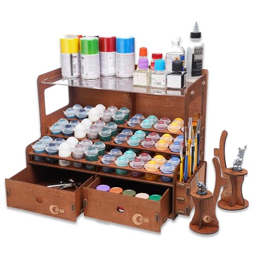 OPHIR Paint Rack for 60 Bottles and 32 Brushes, Wooden Acrylic Paint Organizer with 2 Brush Holder, 2 Miniature Painting Handles, 2 Drawers for Model Paints Bottle Organizer, Holes Dia.1.42 Inches - color: (Dia.1.42")60 Paint Holes+2x Paint Brush Holder+2