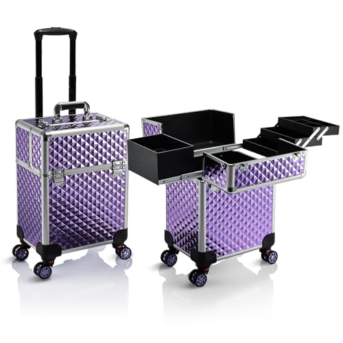 Stagiant Rolling Makeup Train Case Large Storage Cosmetic Trolley 4 Tray with Sliding Rail Removable Middle Layer with Key Swivel Wheels Salon Barber Case Traveling Cart Trunk - color: Purple