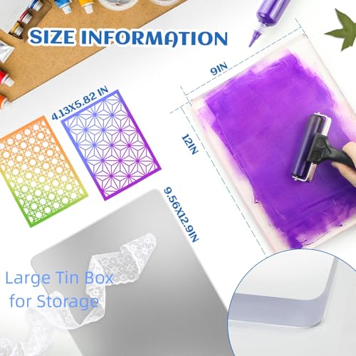gocreate 9 x 12 Large Gel Plate Tin Box Storage Gel Printing Plate with Stencils Printmaking Supplies for Monoprints, Arts and Mix Media