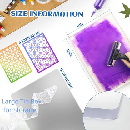 gocreate 9 x 12 Large Gel Plate Tin Box Storage Gel Printing Plate with Stencils Printmaking Supplies for Monoprints, Arts and Mix Media
