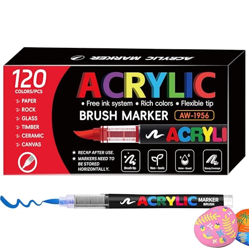 120 Colors Permanent Acrylic Paint Markers - Brush Tip Pens set for Rocks Wood Glass Ceramics Fabric Paint for Coloring,Painting,DIY Drawing for Adults - color: 120 Colors