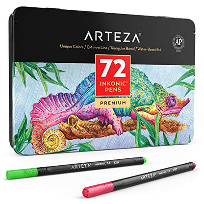 ARTEZA Inkonic Fineliners Pens, Set of 72, 0.4 mm Fine Tip Markers, Water-Based Art Pens for Drawing, Sketching, Journaling, Calligraphy - size: 1 Count (Pack of 72)