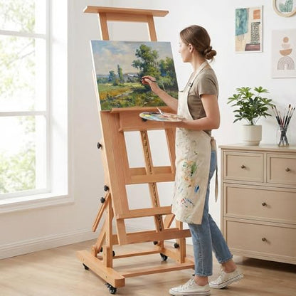 Wooden H-Frame Convertible Easel with 4 Lockable Wheels Adjustable Movable Tilting Easels Holds Canvas Art Up to 78.7In High for/Home/Studio/Outdoor
