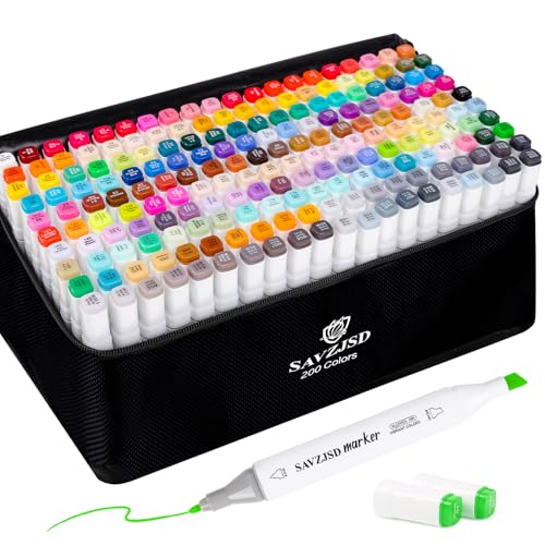SAVZJSD Alcohol Markers, 200 Colors Alcohol Markers Set, Dual Tip Markers for Adults, Artists in Coloring, Sketching & Drawing (Fine & Broad)