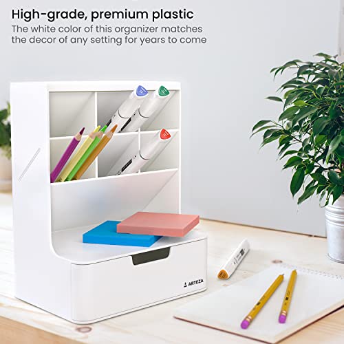 ARTEZA Desktop Pen and Marker Organizer, 6-Compartment White Pen Holder for Desk with Stationery Drawer, Makeup Organizer - style: 6-Compartment White