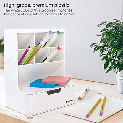 ARTEZA Desktop Pen and Marker Organizer, 6-Compartment White Pen Holder for Desk with Stationery Drawer, Makeup Organizer - style: 6-Compartment White