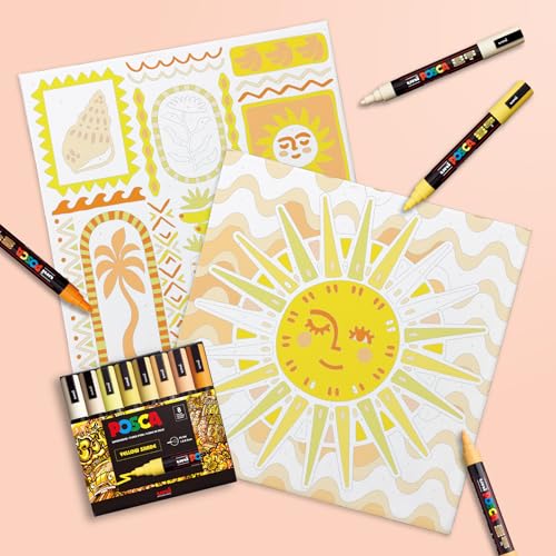 POSCA Canvas Paint by Number Kit, Sunshine Mosaic - 8 Markers with 2 Pre-Drawn Canvases - for All Artists and Holiday Gifting - color: Sunshine Mosaic