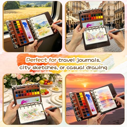 A7 Pocket Watercolor Paint Set, 24 Colors with 2 Water Brush Pens, 48 Sheets Binder Paper & 2 Anti-Stain Dividers, Portable Travel Sketching Kit for Adults Artists, Travel Journaling Gift