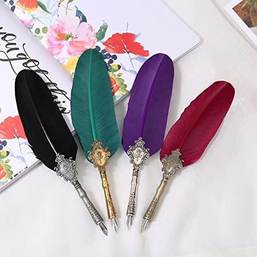 Surakey Writing Quill Pen Feather Pen Calligraphy Ink Dip Pen Set Luxury Vintage Signature Fountain Pen Gift Kit with Pen Stand Holder for Writing,Invitation Letters,Diary, Postcard (Black)