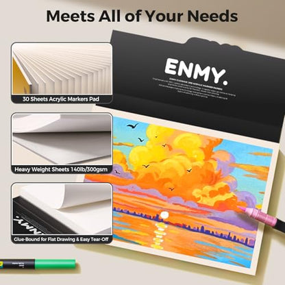 ENMY Acrylic Marker Sketch Pad, 10.2×7 inch Bleed-Proof Marker Paper,140lb/300gsm Heavyweight Sketchbook, 30 Sheets Drawing Pad Glue-Bound with Hard Backing for Artists, Students