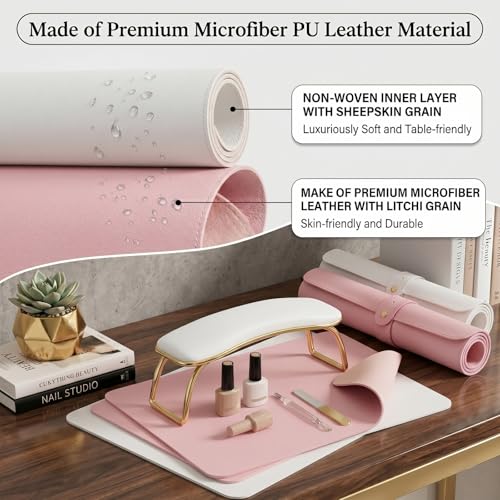 2 PCS Nail Art Table Mat, Soft Microfiber PU Leather Nail Pad, Foldable Nail Art Rest Pad, Reusable Nail Mat for Table Desk, Acrylic Nail Desk Mat for Nail Cushion (Pink and White) - color: Pink and White
