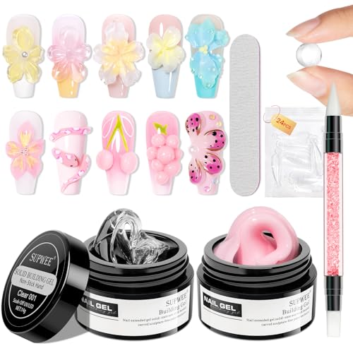 Solid Builder Gel for Nail Extension Clear Pink Non-Stick Hand Sculpture Hard Gel with Dual Form Flower Effect for Home DIY Manicure Set Lamp Cure Require 2 Colors 14g(0.49oz) - color: Clear&Pink