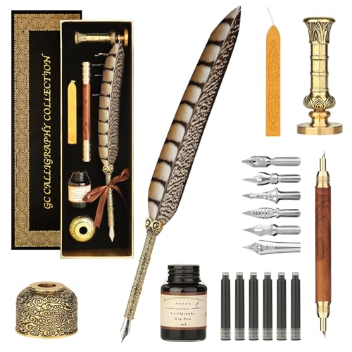 Calligraphy Pen Set - Feather Dip Pen,Dual Tip Calligraphy Fountain Pen | Stamp, Wax Candle, Pen Base, Ink Bottle, Ink Cartridges L492